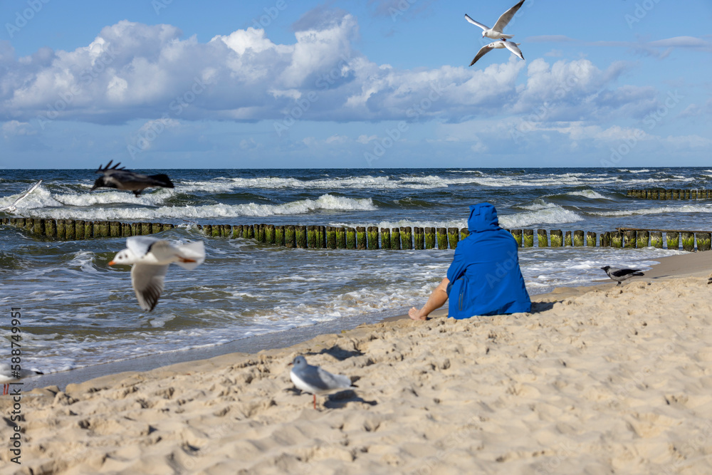 A man wearing a blue jacket sitting on the sandy beach, seagulls flying above his head, Baltic Sea, Miedzyzdroje, Poland A man wearing a blue jacket sitting on the sandy beach, seagulls flying above his head, Baltic Sea, Miedzyzdroje, Poland