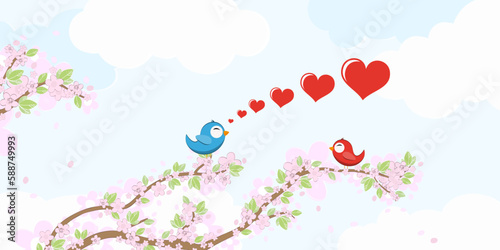 Birds in love on blossom branches