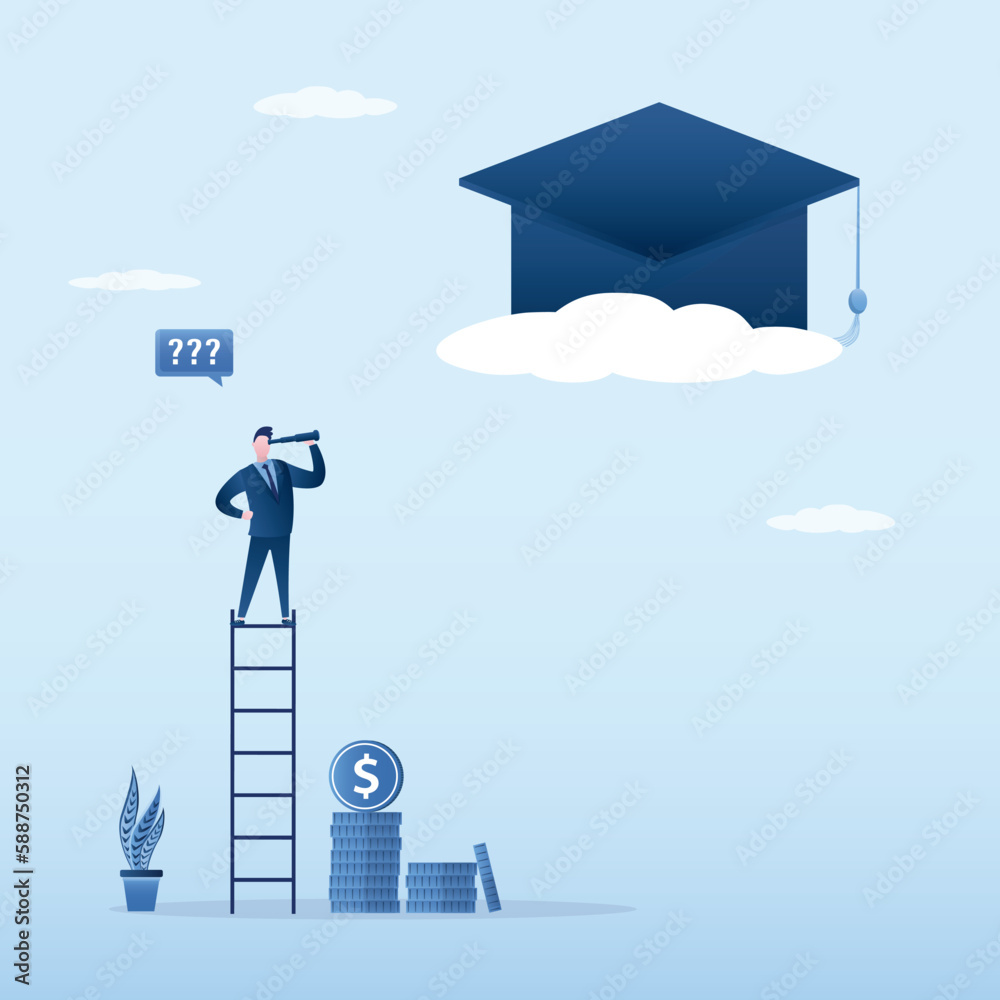 Poor student with too short ladder to climb to reach high graduation hat on cloud. Education high cost, expensive school or university cost, education gap, scholarship opportunity.