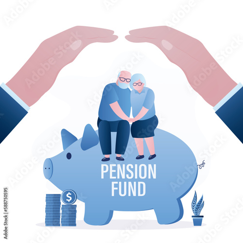 Elderly couple sits on piggy bank. Big hands protect of retirement savings. Pension fund, bank deposit insurance. Passive income secure. Grandparents with money for decent old age.