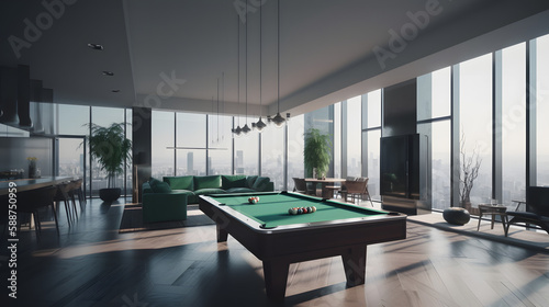 internal design with pool table in a amazing penthouse living room, 3d render, generative ai  © Nicola