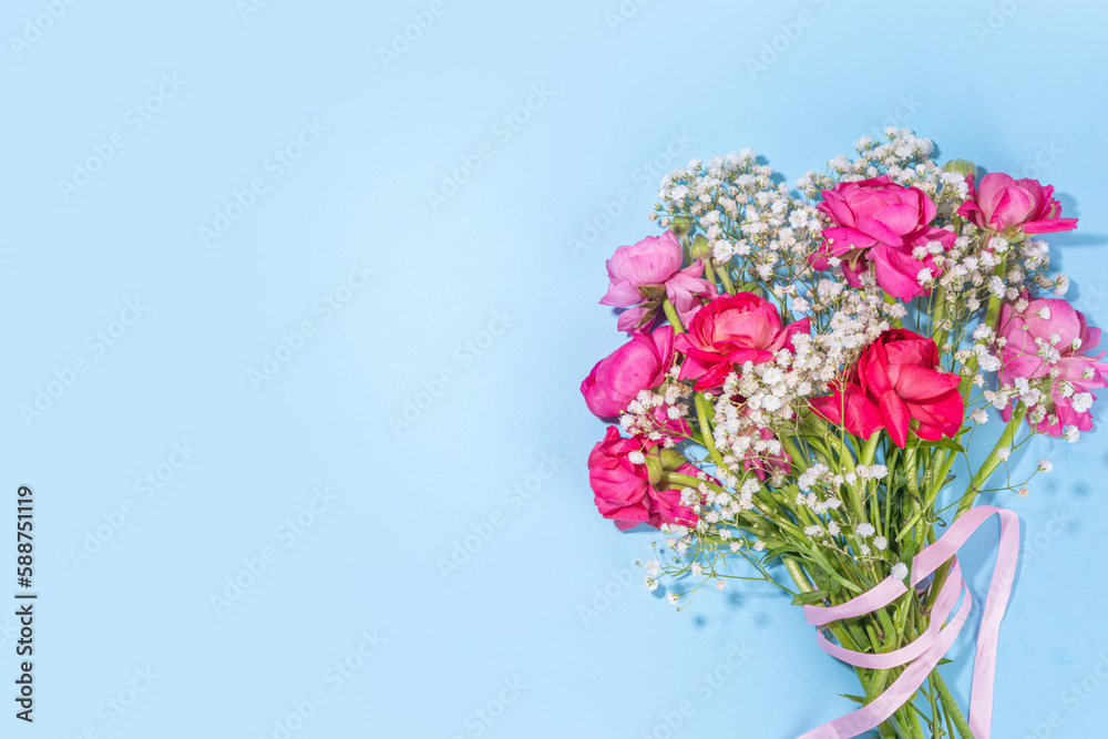 Background with flowers bouquet and gift