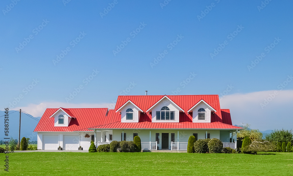 Farmer's family house with double garage green lawn in front Farmer's family house with double garage green lawn in front