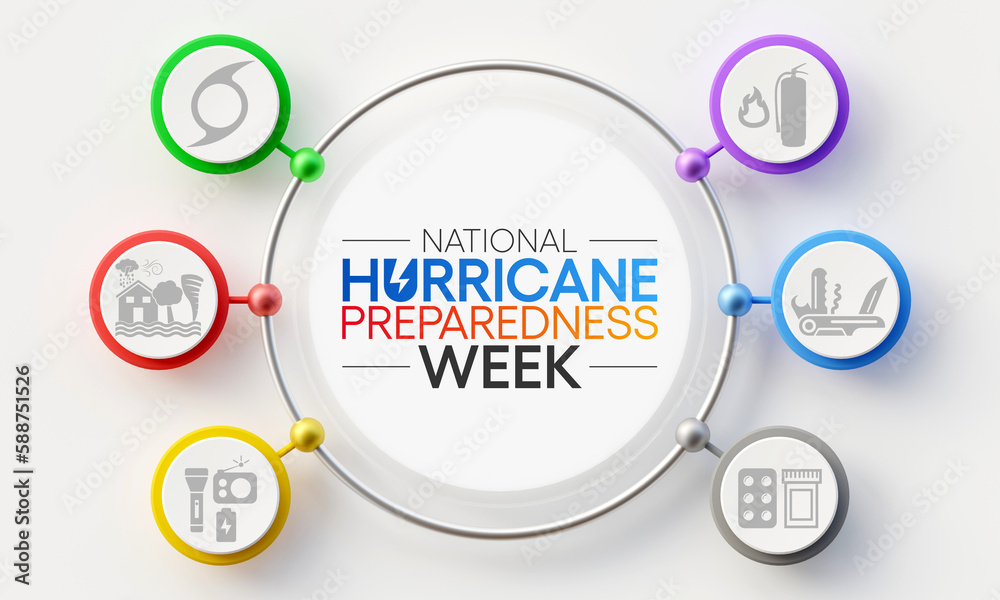 Hurricane preparedness week is observed every year in May. is a effort to inform the public about hurricane hazards and to disseminate knowledge which can be used to prepare and take action. 3D Render