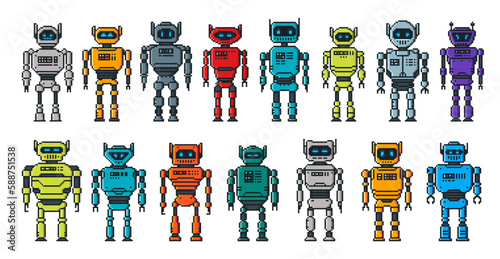 Pixel robot characters, cartoon android cyborgs