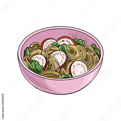 vector drawing bowl with udon noodles and vegetables, plate of asian food isolated at white background, hand drawn illustration