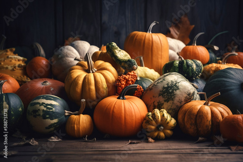 Autumn background with pumpkin collection, copyspace, generative ai