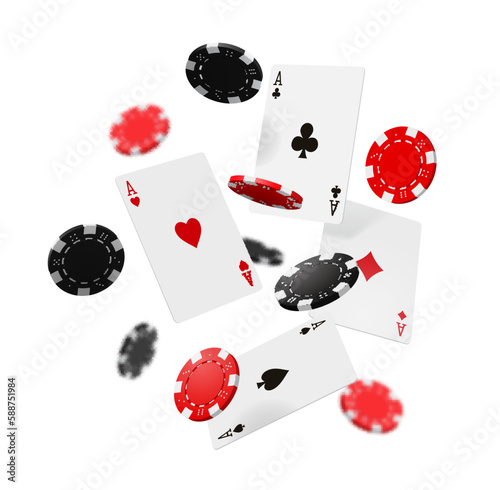 Flying casino poker cards and chips, gambling game