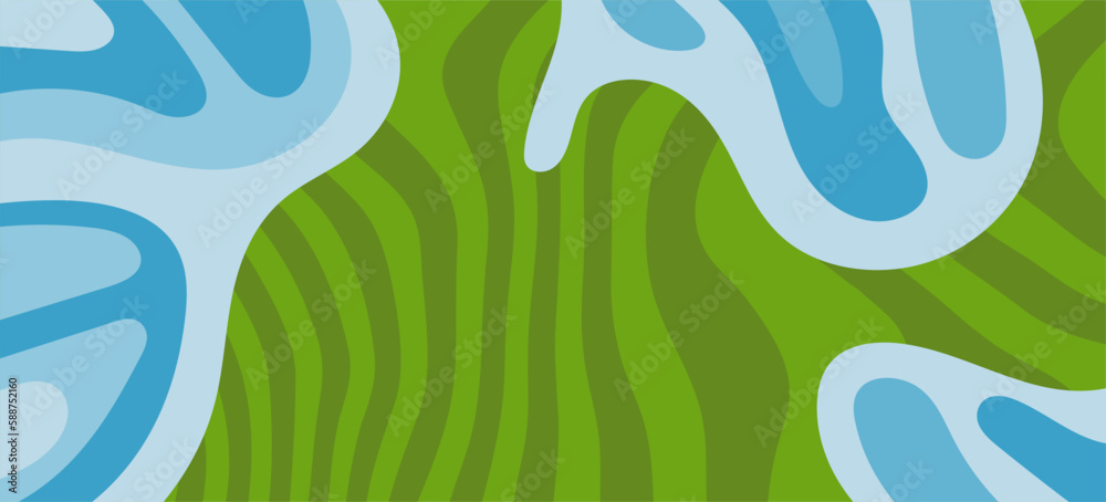 Abstract background with wavy stripes texture and bubble blob splash ornament.