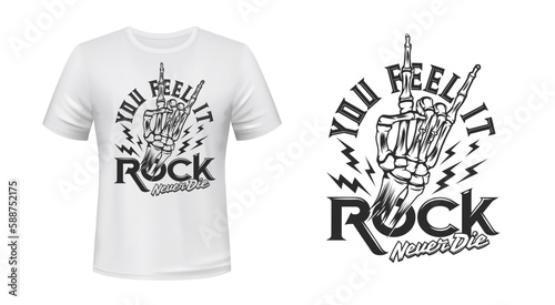 Rock music tattoo, tshirt print with skeleton hand