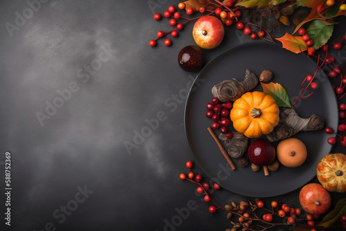 Thanksgiving greeting card background template or festive dinner invitation, copy space, top view, generative ai