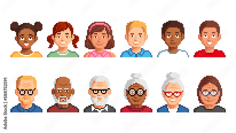 Fototapeta premium Avatar pixel characters of seniors and kids