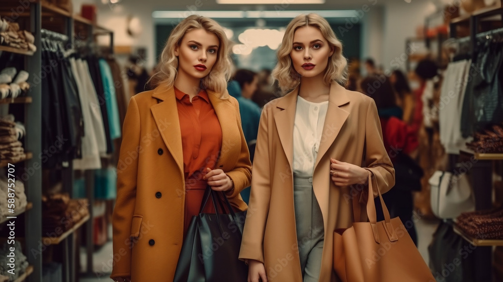 Two beautiful model girlfriends looking on the shopwindow while standing with shopping bags near the mall. Generative AI.