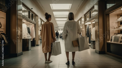  Close-up shot of two young women wearing trendy cloths holding shopping bags while walking in shopping mall. Generative AI. © Aiakos