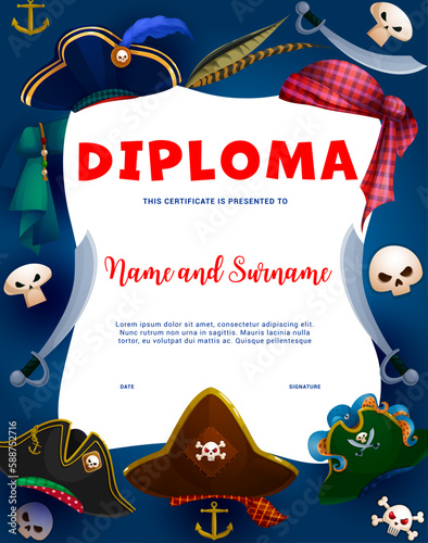 Kids diploma with pirate hats, sabers and skulls