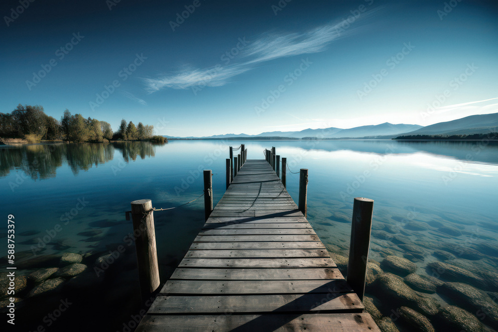 Serene Panorama of Jetty Extending into a Calm Lake