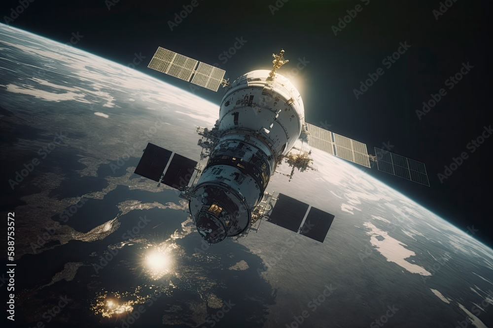 Fototapeta premium satellite in space with planet in the background. Generative ai