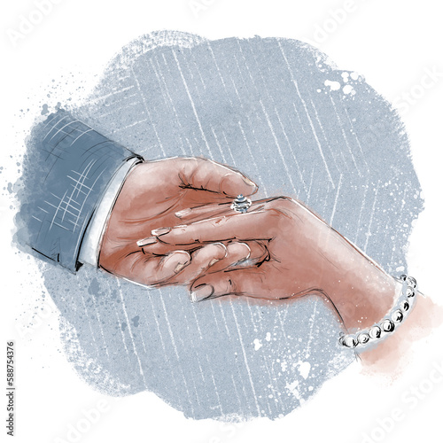 The hand of the bride and groom on a blue background, wedding illustration. Hand-drawn wedding ceremony, newlyweds' hands in vintage style
