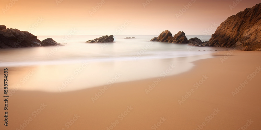 Tranquil beach at sunset with golden sand and calm waves using long exposure  , generative art,