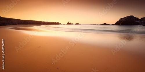 Tranquil beach at sunset with golden sand and calm waves using long exposure    generative art 