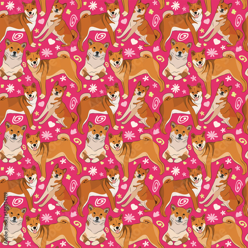 Shiba InuSpring pattern with spirals  leaf  flowers  Shiba Inu dogs. Pastel colors. Elegant  soft seamless background  abstract summer pattern with hand-drawn colorful shapes. Delicate  gender-neutral