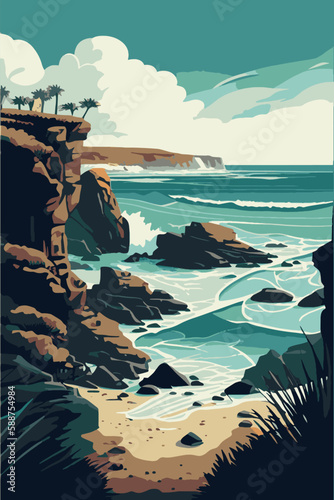 Vertical panorama ocean coast. Sea coast. Eco coast, vector illustration.