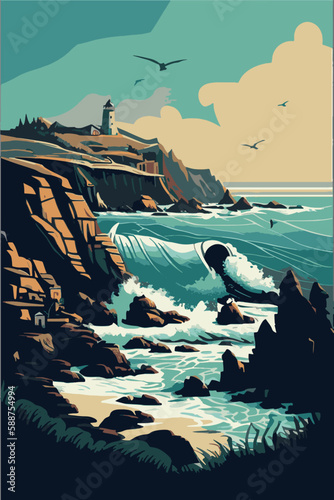 Vertical panorama ocean coast. Sea coast. Eco coast, vector illustration.