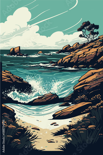 Vertical panorama ocean coast. Sea coast. Eco coast, vector illustration.