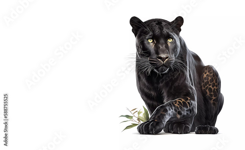Black panther on a white background. Banner. Copy space. Generating AI © Olena Dziuba