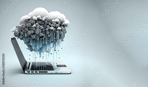 Laptop. Cloud storage of information on the Internet. Banner. Copy space. Generative AI