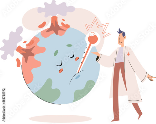 Ill planet Earth with thermometer. Global warming concept. Doctor examines and treats diseased planet, makes tests. Ecological disaster sick globe. Idea of climate change and danger for ecology