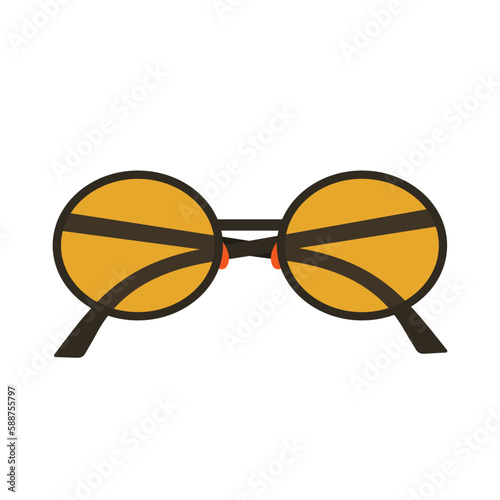 Sunglasess in 60's style. Retro groovy illustration. Glasess with yellow reflection in flat style. 1960's, hippie, peace and love concept. Vector isolated clip art.