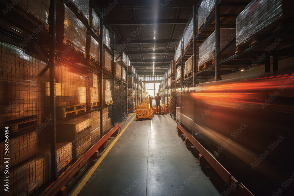Dynamic Logistics Warehouse Interior with Motion Blur