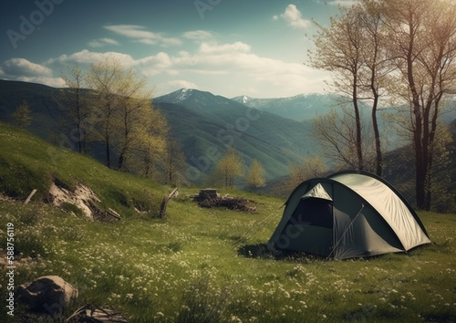 camping in the mountains in tent, generative ai