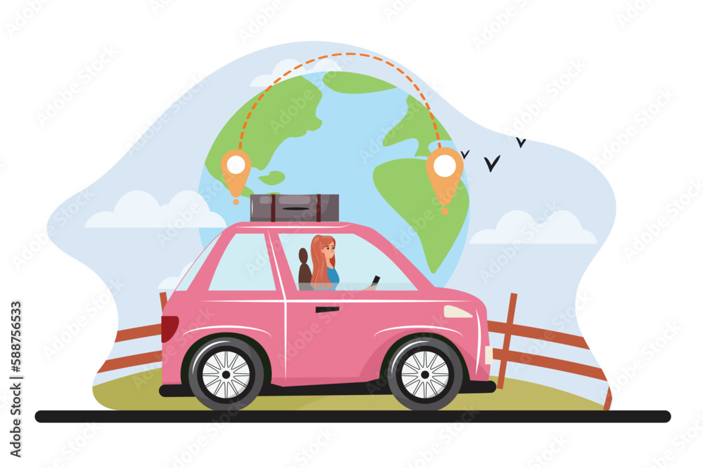 Pretty woman traveling with a pink car. Road trip illustration with a woman and car.