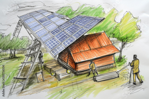 Solar energy conceptual illustration, hand drawn pencil sketch. Generative AI photo