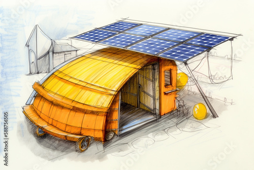 Solar energy conceptual illustration, hand drawn pencil sketch. Generative AI photo