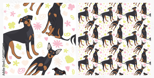 Spring pattern with spirals  leaf  flowers  mini Pinscher dogs. Pastel colors. Elegant  soft seamless background  abstract summer pattern with hand-drawn colorful shapes. Delicate  gender-neutral