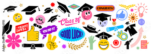 Colorful smiling graduate label shape set. Collection of cartoon shapes stickers for decorate graduation party. Funny comic vector on transparent background