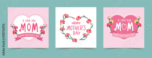 Set of mothers day greeting cards design with hearts and carnation flower decoration. Vector illustration.