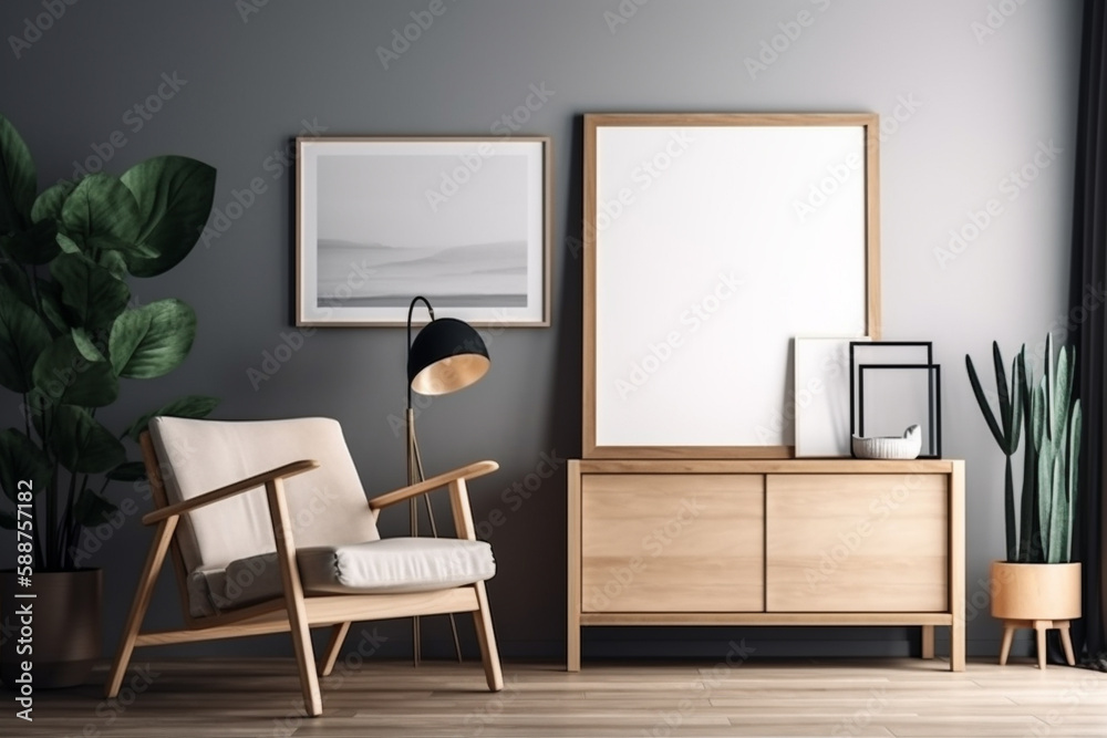 Interior design - modern and minimalist interior with empty frame on the wall. Mockup illustration. Generative AI Interior design - modern and minimalist interior with empty frame on the wall. Mockup illustration. Generative AI