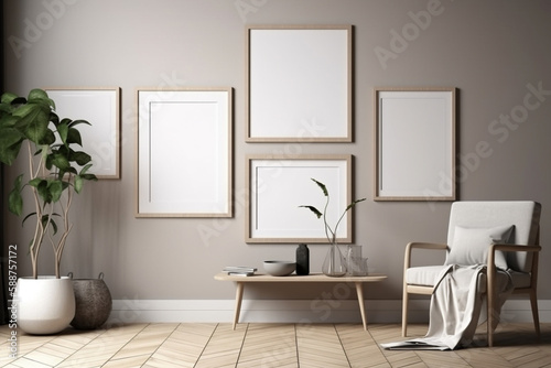 Interior design - modern and minimalist interior with empty frame on the wall. Mockup illustration. Generative AI