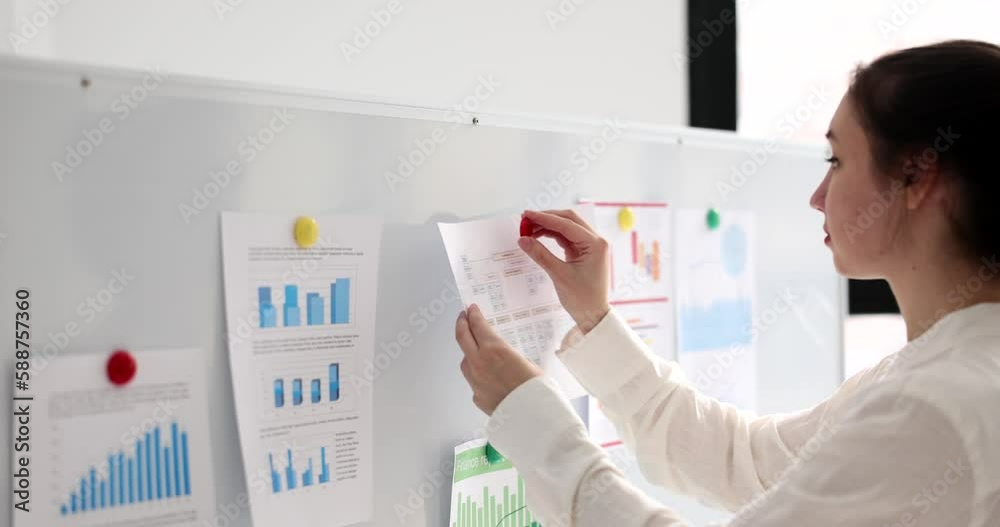 Intern student putting paper with infographic charts on whiteboard and getting ready for business presentation. Manager performs visual materials and sales analysis