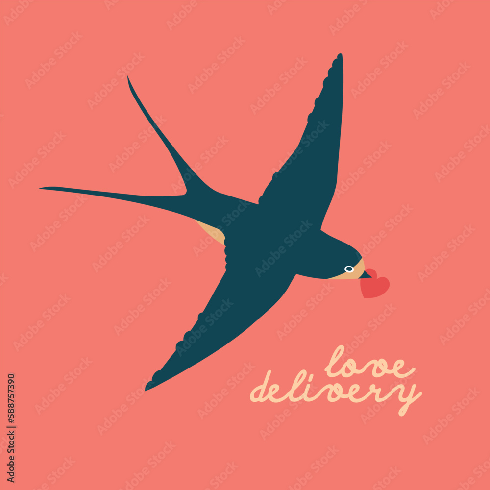 Creative square Valentine's Day card with illustration of swallow and text Creative square Valentine's Day card with illustration of swallow and text