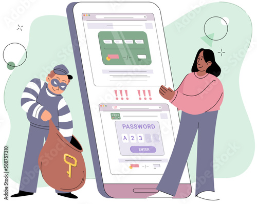 Money hacking concept. Thief stealing money and information from smartphone of confused woman. Online fraud, internet crime hacker steal information, phising and piracy, security safety leak