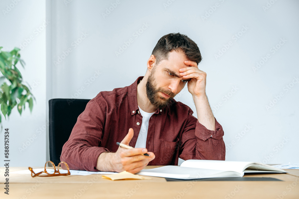 Frustrated upset tired caucasian man, company manager, tired of working with documents, feeling stressed, headache, exhausted, not invested in deadlines, nervous, worried, needs a break Frustrated upset tired caucasian man, company manager, tired of working with documents, feeling stressed, headache, exhausted, not invested in deadlines, nervous, worried, needs a break