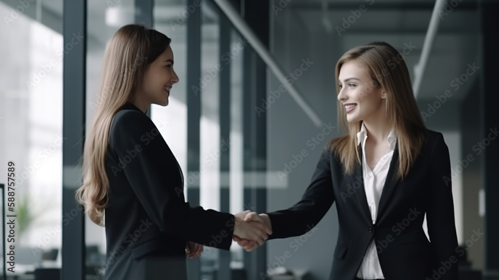 Two Businesswomen Shaking Hands In Modern Office, female colleagues partners Two Businesswomen Shaking Hands In Modern Office, female colleagues partners