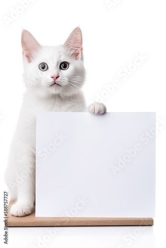 white cat with blank card, ai generated