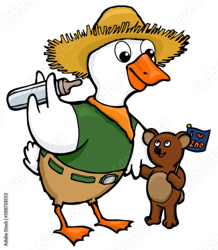 cartoon duck zookeeper feeding a baby bear