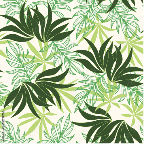 Summer seamless tropical pattern with bright plants and flowers on a white background. Exotic wallpaper. Colorful stylish floral. Vector design. Jungle print. Floral background. 